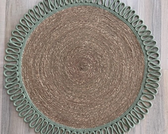 Handwoven Round Rug Natural Seagrass Muted Sage Green Looped Cotton Scalloped Border 3x3 ft