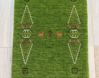 Gabbeh Handmade Wool Rug 2x3 ft: Olive Green Oriental Persian Accent Rug