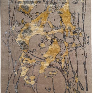 Alfombra de lana anudada a mano estilo Jackson Pollock: Expresionismo, arte salpicado, beige y dorado, 7 x 10