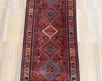 Red Persian Hand-Knotted Wool Runner Rug: Traditional Heriz Medallion, 3x7