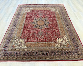 Hand-Knotted Wool Persian Medallion Area Rug: Red Blue Traditional Carpet 8x10 ft