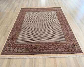 Alfombra afgana de lana Mir anudada a mano: Alfombras orientales de estilo persa con estampado paisley en tonos crema y marrón.
