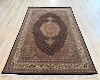 Mahi Bidjar Hand Knotted Wool Silk Persian Rug: Black Cream Traditional Oriental Carpet