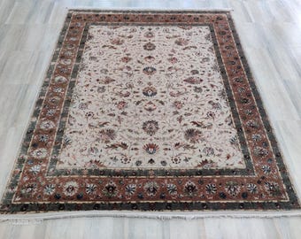 Persian Hand Knotted Wool Silk Area Rug: Beige Terracotta Floral Traditional Carpet 8x10 ft