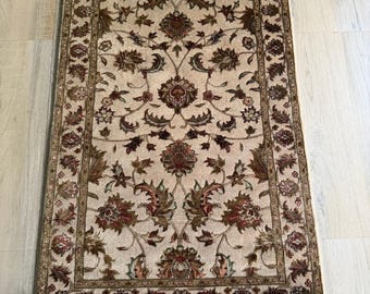Persian Hand Knotted Rug: Beige Wool Real Silk Oriental Accent Carpet 2'3"x3'11”