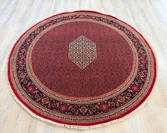 Persian Hand-Knotted Round Wool Rug: Oriental Bidjar Medallion Red Blue Circle Carpet