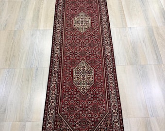 Persian Bidjar Hand Knotted Wool Runner Rugs: Red Traditional Oriental Medallion Carpets