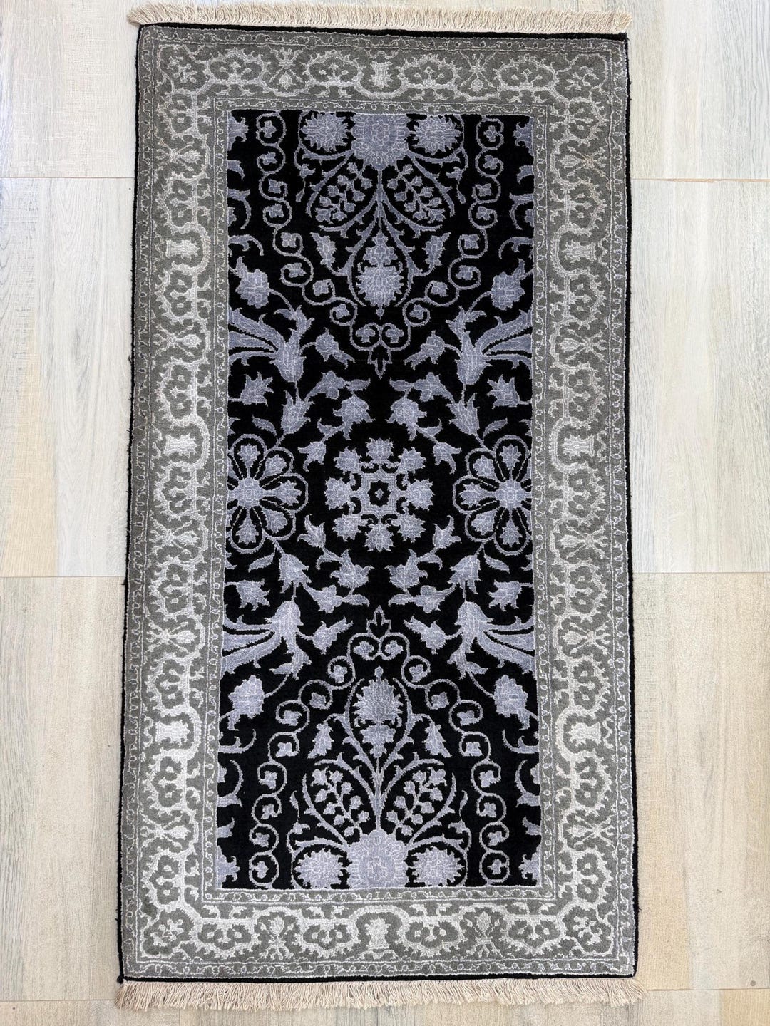 Classical Hand Knotted Wool Rug: Black Traditional Persian Artisanal ...