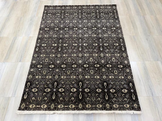 Tribal Hand Knotted Wool Area Rug: Black-Pale Yellow Persian-style Allover Rug 5x8 ft