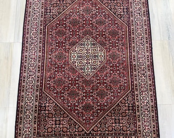 Persian Hand Knotted Wool Rug: Red Oriental Bidjar Medallion Carpet 4x6 ft
