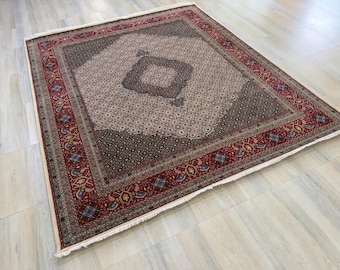 Moud Hand Knotted Wool Area Rug: Vintage Beige Red Persian Bidjar Medallion Rug