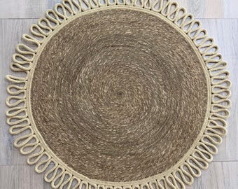 Round Handwoven Natural Seagrass Rug Creamy Beige Looped Cotton Scalloped Border 3x3 ft