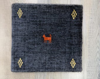 Handmade Gabbeh Small Rug Wool Bamboo Silk: Charcoal Gray Oriental Square Placemat 30x30 cm