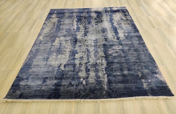 Modern Hand Knotted Area Rug, 100% Bamboo Silk Rug, Blue Abstract Pattern 8x10 ft