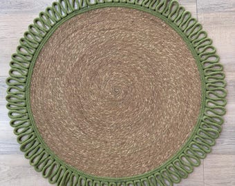 Round Handwoven Rug Natural Seagrass Moss Green Looped Cotton Scalloped Border 3x3 ft