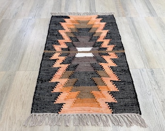 Handmade Cotton Flat Weave Rug: Orange Indian Kilim Dhurrie Diamond Chevron Multiple Sizes