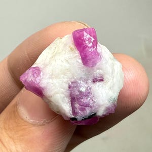 Könnte beinhalten: Ein roher, natürlicher Rubin-Kristallcluster. Die Rubinkristalle sind von leuchtend rosa-roter Farbe und kontrastieren mit der weißen Matrix. Der rohe Stein wird in einer Hand gehalten und zeigt seine natürliche Form.