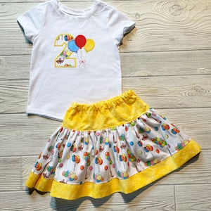 Skirt Set made with Curious George with Balloons Fabric, Birthday party, Summer Set, Curious George Birthday, Sizes 1-4