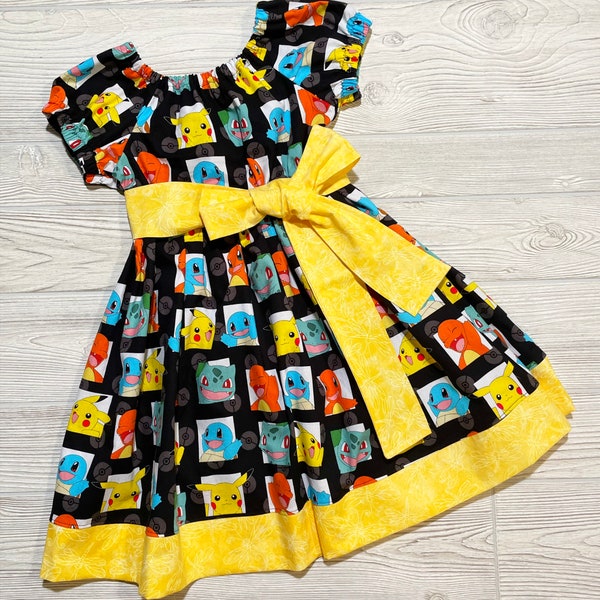 Peasant Style Dress made with Pokémon fabric, Birthday party dress