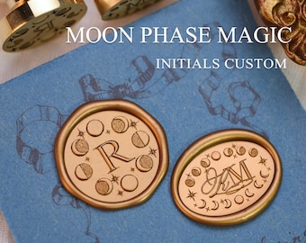 Moon Phase Wax Seal Stamp, 3D Lunar Relief Wax Stamp, Custom Initials Design for Wedding Invitations, Letter Sealing & Gifts