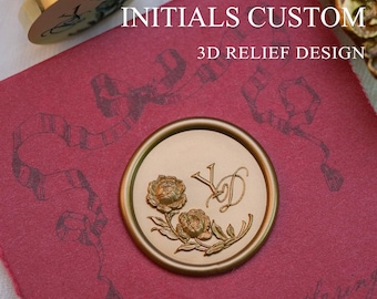 3D Peony Relief Wax Seal Stamp, Laser Engraved Custom Initial & Name Stamp, Realistic Stereo Floral Wax Stamp