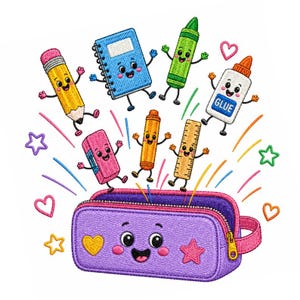 May include: An embroidered design featuring a smiling purple pencil case with a yellow heart and pink star. Floating above are anthropomorphic school supplies: a yellow pencil, blue notebook, green crayon, glue bottle, pink eraser, orange marker, and ruler.