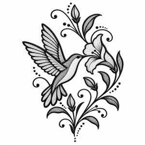 May include: A black and white embroidery design featuring a hummingbird hovering near a large flower. The composition includes intricate floral stems, leaves, and decorative swirling lines with small dots, all rendered in a detailed line art style.