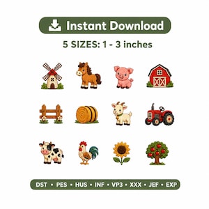 May include: A digital embroidery design set featuring twelve farm-themed icons including a windmill, horse, pig, red barn, wooden fence, hay bale, goat, red tractor, cow, rooster, sunflower, and apple tree, with text stating Instant Download 5 SIZES: 1-3 inches.