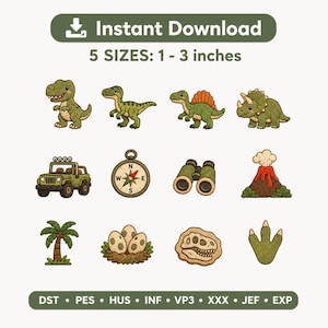 Könnte beinhalten: Ein digitales Stickmuster-Set mit zwölf Symbolen, darunter vier grüne Dinosaurier, ein Geländewagen, ein Kompass, ein Fernglas, ein Vulkan, eine Palme, Dinosauriereier im Nest, ein Fossil und ein Fußabdruck. Text: Instant Download 5 SIZES: 1 - 3 inches.