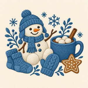 May include: An embroidered illustration of a white snowman wearing a blue knit hat and scarf, accompanied by blue knit socks, a blue mitten, a blue mug filled with hot cocoa and a cinnamon stick, a star-shaped cookie, and blue snowflakes.
