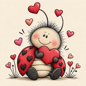 May include: A cartoon ladybug with a beige face and body, red wings featuring black heart-shaped spots, and black limbs. The ladybug holds a large red heart, surrounded by floating red hearts and two antennae topped with red hearts.