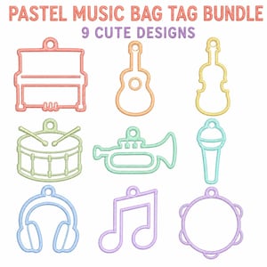 May include: A bundle of nine pastel-colored music-themed bag tags featuring outlines of a piano, guitar, violin, drum, trumpet, microphone, headphones, musical note, and tambourine. The text reads PASTEL MUSIC BAG TAG BUNDLE 9 CUTE DESIGNS.