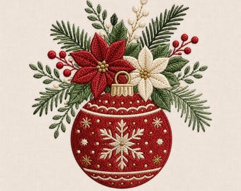 May include: An embroidery design featuring a red Christmas ornament with a white snowflake pattern, topped with a bouquet of red and white poinsettias, green pine needles, and small red berries on a light beige fabric background.