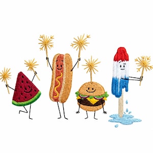May include: An embroidered patch featuring four anthropomorphic food characters: a watermelon slice, a hot dog, a hamburger, and a melting red, white, and blue popsicle. Each character has thin black limbs and holds a yellow sparkler.