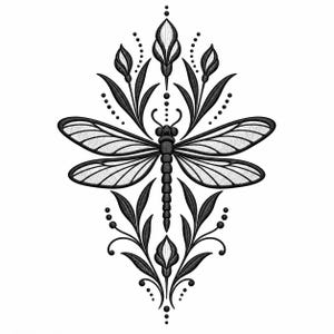 May include: A black and white embroidery design featuring a central dragonfly with detailed wings, surrounded by symmetrical floral elements, pointed buds, and small dots arranged in a vertical, balanced, and decorative composition.