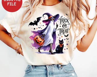 Trick or Treat Witch Ghost PNG, Spooky Black Cat Halloween Clipart, Cute Purple Cape Pumpkin Bag Design, Digital Halloween Shirt Graphic
