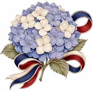 May include: A detailed illustration of a hydrangea bouquet. The flowers are a mix of blue and cream, with green leaves and a stem. A ribbon in red, white, and blue is tied around the flowers, creating a patriotic theme.