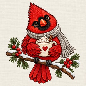 May include: An embroidered illustration of a bright red cardinal bird wearing a grey knit scarf. The bird holds a white mug with a red heart, filled with whipped cream and a cinnamon stick, while perched on a snowy pine branch with red berries.