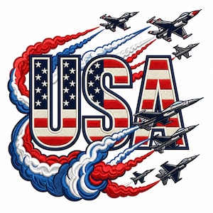 May include: Embroidered design featuring the word "USA" in red, white, and blue, with the American flag incorporated into the letters. Jets fly through the air, leaving red, white, and blue vapor trails. Patriotic theme.