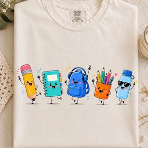 Kawaii School Supplies PNG, Cute Pencil Notebook Backpack Characters, Pencil Cup Water Bottle Clipart, Back to School Graphic