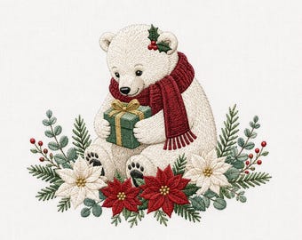 May include: An embroidery design of a white polar bear wearing a dark red scarf, holding a green gift box with a gold ribbon. The bear is surrounded by a festive arrangement of red and white poinsettias, green pine needles, and small red berries.