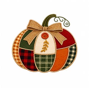 Pumpkin Embroidery Design, Fall Machine Embroidery File, Patchwork Pumpkin Bow Embroidery Pattern, Autumn Digital Download