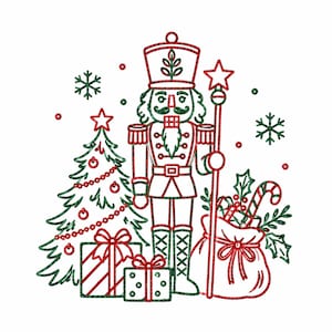 Puede incluir: Una ilustración de líneas rojas y verdes que muestra un cascanueces sosteniendo un bastón con una estrella, junto a un árbol de Navidad decorado, dos cajas de regalo con lazos y un saco lleno de bastones de caramelo y hojas de acebo.