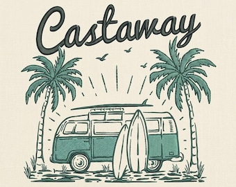 May include: An embroidered design featuring a teal and white van with surfboards, palm trees, and the word "Castaway" in a script font. The image has a vintage, beachy vibe with birds and sun rays.