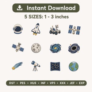 以下が含まれることがあります： 宇宙をテーマにした12種類の刺繍デザインセット。宇宙飛行士のヘルメット、ロケット、探査車、宇宙ステーション、衛星、月、銀河、ブラックホール、流れ星、望遠鏡、星座、地球のアイコンが含まれており、サイズは2.5〜7.6cmです。