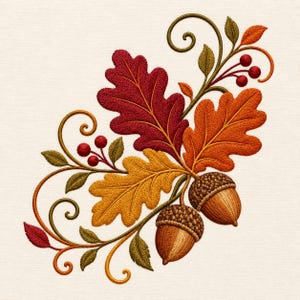 May include: An embroidery design featuring three oak leaves in shades of deep red, orange, and yellow, accompanied by two brown acorns with textured caps. The composition includes green leaves, thin swirling stems, and small red berries.