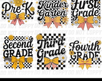 Coquette Back to School PNG Bundle, Checker Bow Grade Level Sublimation, Pre-K to 4th Grade Retro Daisy Clipart