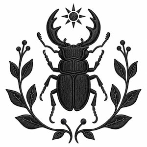 May include: A black embroidered design featuring a stag beetle centered between two symmetrical leafy branches. Above the beetle is a small eight-pointed star. The entire composition is rendered in dense black thread on a white background.