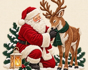 Santa and Reindeer Embroidery Design, Christmas Santa with Deer in Snowy Forest, Holiday Machine Embroidery File