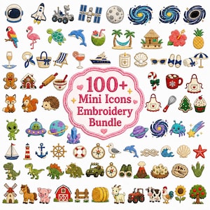 Op de afbeelding: Een verzameling van meer dan 100 geborduurde mini-iconen met thema's als ruimtevaart, tropen, vakantie, nautisch, prehistorisch en boerderij. Het centrale roze label bevat de tekst 100+ Mini Icons Embroidery Bundle in een decoratief lettertype.